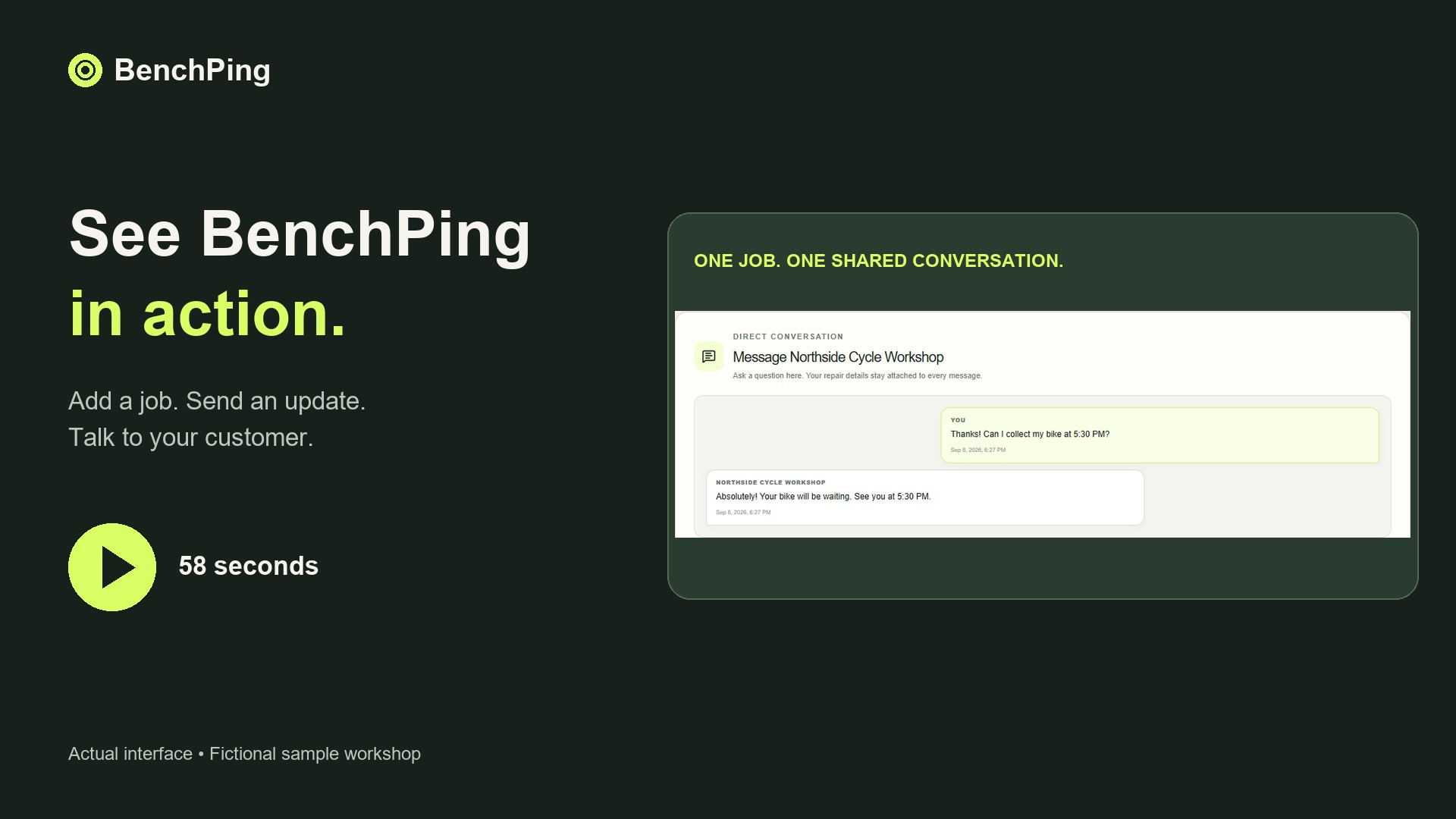 BenchPing walkthrough preview: repair intake, customer updates and conversation